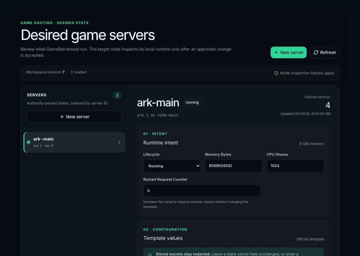 GameRail's ARK server configuration showing ark-main, its running lifecycle, and resource settings.